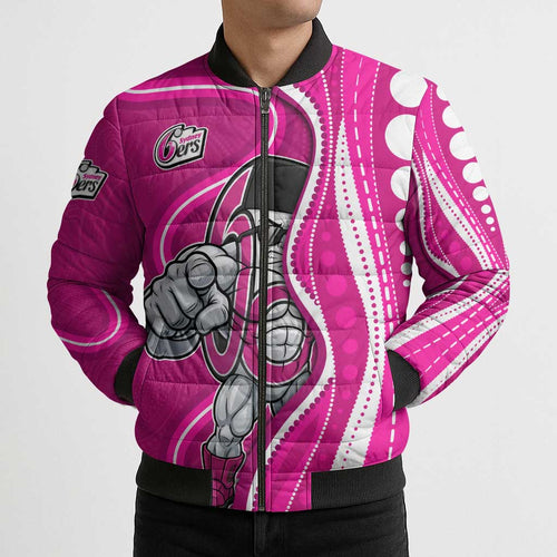 Sydney Sixers Bomber Puffer Jacket Aboriginal Dot Art Pink White - Tribal Wave Pattern