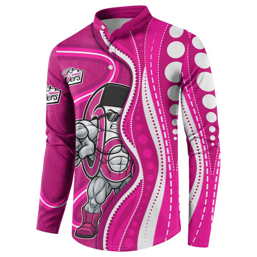 Sydney Sixers Button Sweatshirt Aboriginal Dot Art Pink White - Tribal Wave Pattern