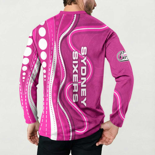 Sydney Sixers Button Sweatshirt Aboriginal Dot Art Pink White - Tribal Wave Pattern