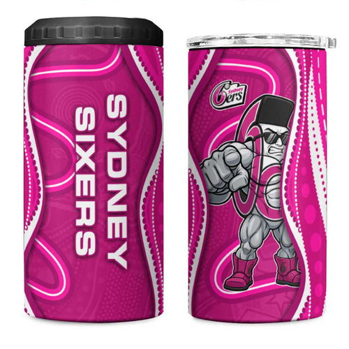 Sydney Sixers 4 in 1 Can Cooler Tumbler Aboriginal Dot Art Pink White - Tribal Wave Pattern