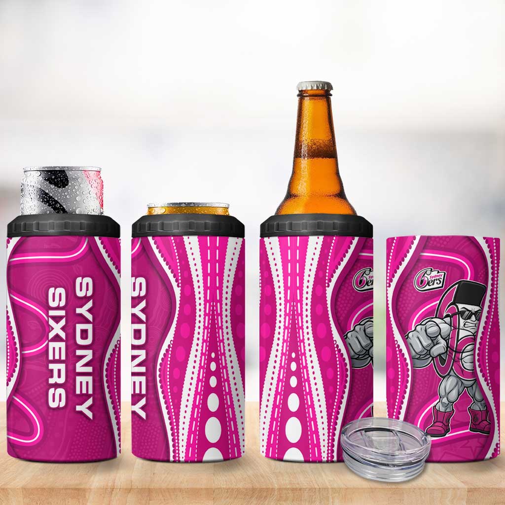 Sydney Sixers 4 in 1 Can Cooler Tumbler Aboriginal Dot Art Pink White - Tribal Wave Pattern