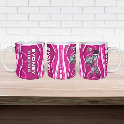 Sydney Sixers Ceramic Mug Aboriginal Dot Art Pink White - Tribal Wave Pattern