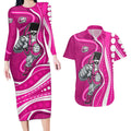 Sydney Sixers Couples Matching Long Sleeve Bodycon Dress and Hawaiian Shirt Aboriginal Dot Art Pink White - Tribal Wave Pattern