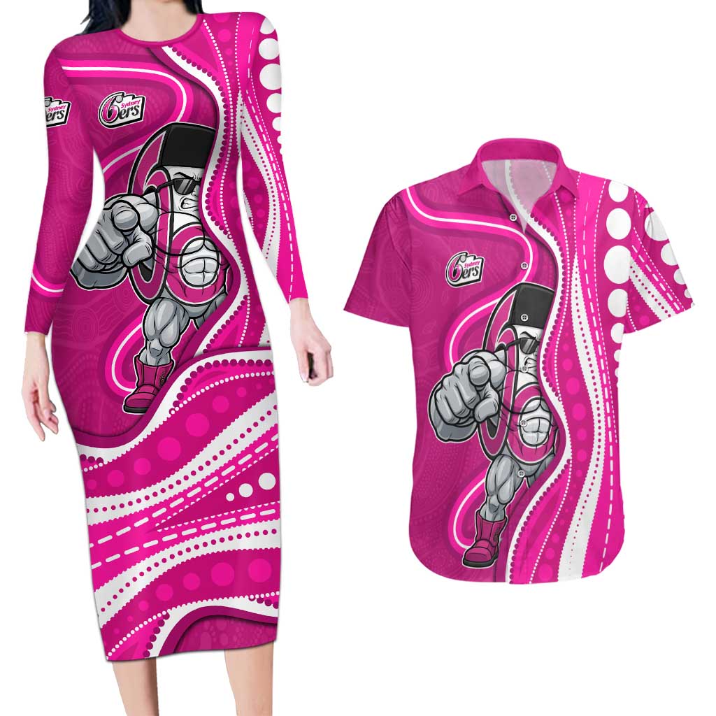 Sydney Sixers Couples Matching Long Sleeve Bodycon Dress and Hawaiian Shirt Aboriginal Dot Art Pink White - Tribal Wave Pattern