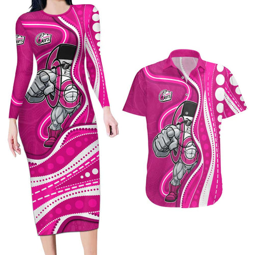 Sydney Sixers Couples Matching Long Sleeve Bodycon Dress and Hawaiian Shirt Aboriginal Dot Art Pink White - Tribal Wave Pattern