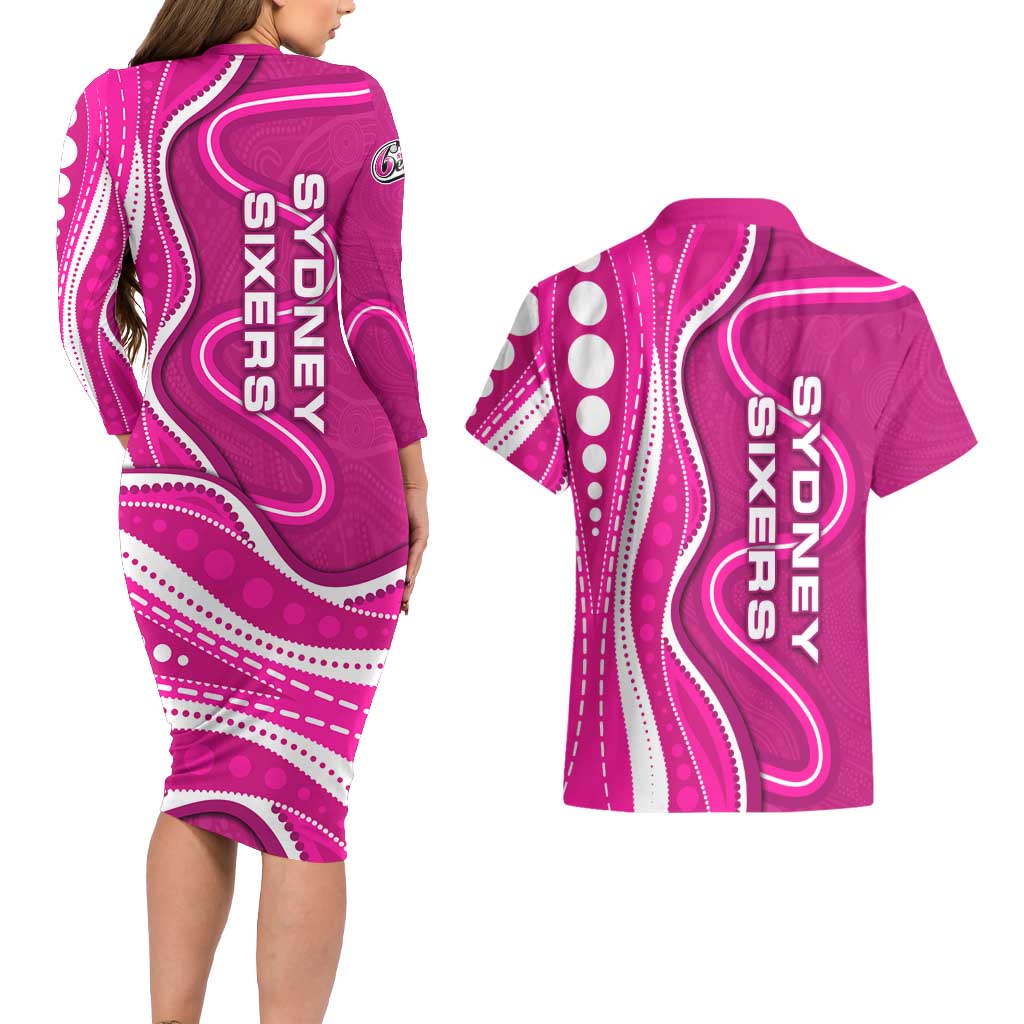 Sydney Sixers Couples Matching Long Sleeve Bodycon Dress and Hawaiian Shirt Aboriginal Dot Art Pink White - Tribal Wave Pattern