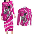 Sydney Sixers Couples Matching Long Sleeve Bodycon Dress and Long Sleeve Button Shirt Aboriginal Dot Art Pink White - Tribal Wave Pattern