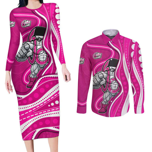 Sydney Sixers Couples Matching Long Sleeve Bodycon Dress and Long Sleeve Button Shirt Aboriginal Dot Art Pink White - Tribal Wave Pattern