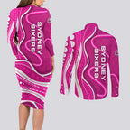 Sydney Sixers Couples Matching Long Sleeve Bodycon Dress and Long Sleeve Button Shirt Aboriginal Dot Art Pink White - Tribal Wave Pattern