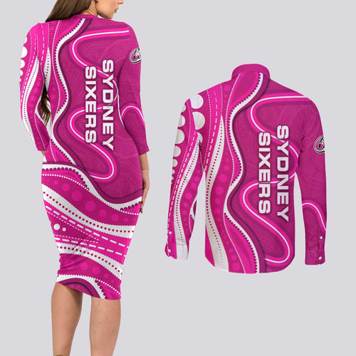 Sydney Sixers Couples Matching Long Sleeve Bodycon Dress and Long Sleeve Button Shirt Aboriginal Dot Art Pink White - Tribal Wave Pattern