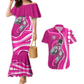 Sydney Sixers Couples Matching Mermaid Dress and Hawaiian Shirt Aboriginal Dot Art Pink White - Tribal Wave Pattern