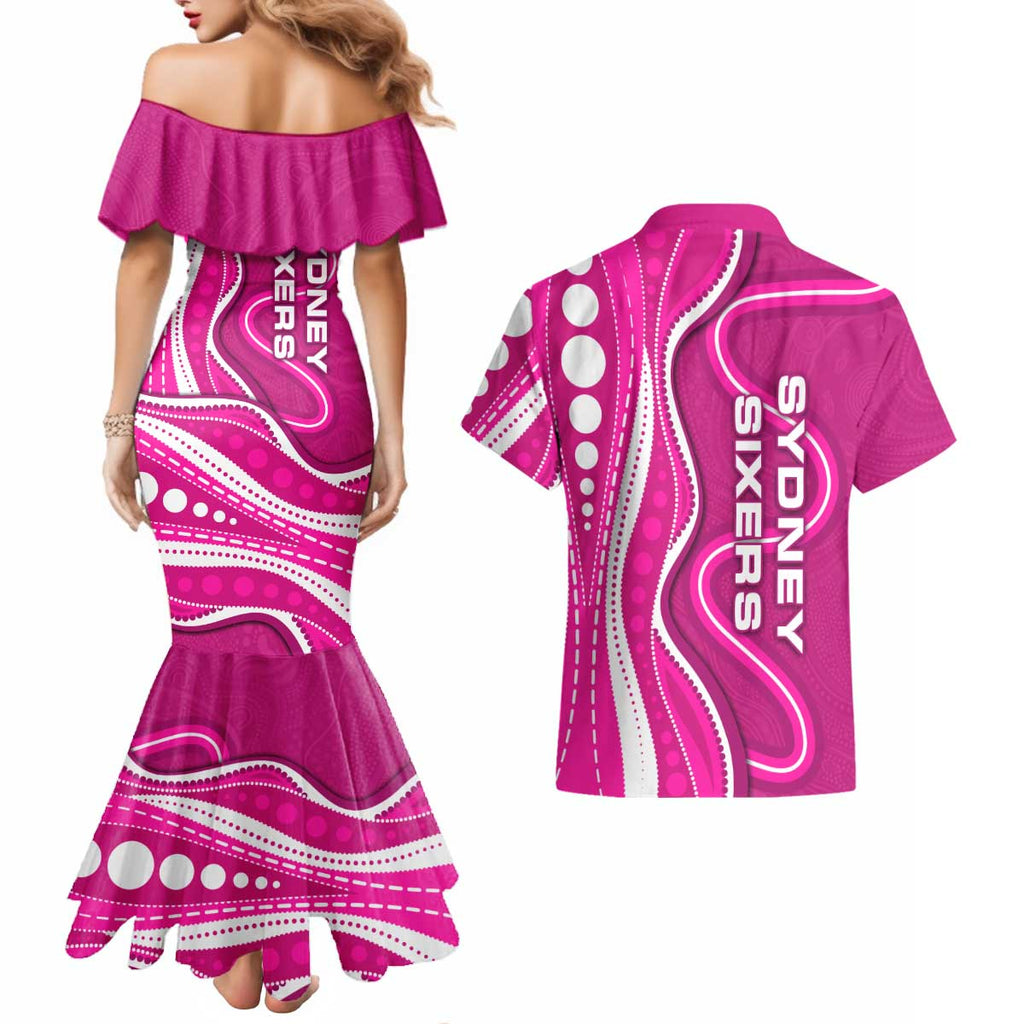 Sydney Sixers Couples Matching Mermaid Dress and Hawaiian Shirt Aboriginal Dot Art Pink White - Tribal Wave Pattern