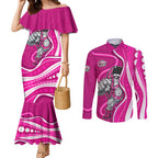 Sydney Sixers Couples Matching Mermaid Dress and Long Sleeve Button Shirt Aboriginal Dot Art Pink White - Tribal Wave Pattern