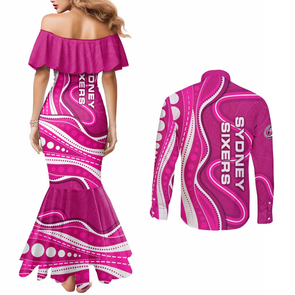 Sydney Sixers Couples Matching Mermaid Dress and Long Sleeve Button Shirt Aboriginal Dot Art Pink White - Tribal Wave Pattern