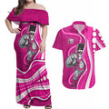 Sydney Sixers Couples Matching Off Shoulder Maxi Dress and Hawaiian Shirt Aboriginal Dot Art Pink White - Tribal Wave Pattern