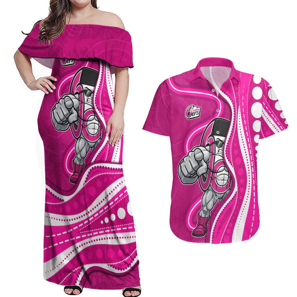 Sydney Sixers Couples Matching Off Shoulder Maxi Dress and Hawaiian Shirt Aboriginal Dot Art Pink White - Tribal Wave Pattern