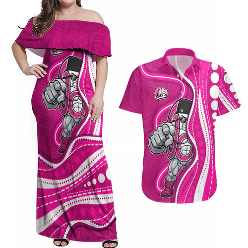 Sydney Sixers Couples Matching Off Shoulder Maxi Dress and Hawaiian Shirt Aboriginal Dot Art Pink White - Tribal Wave Pattern