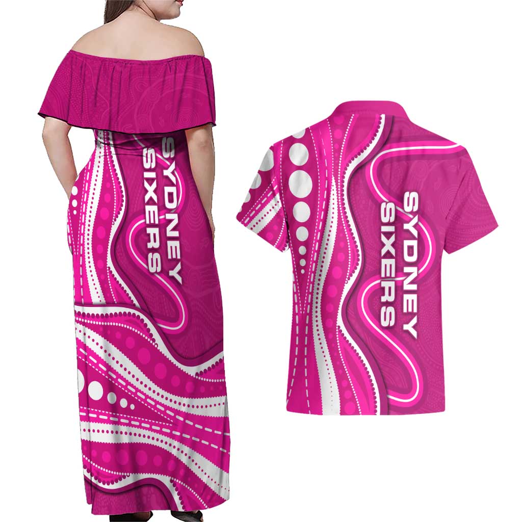 Sydney Sixers Couples Matching Off Shoulder Maxi Dress and Hawaiian Shirt Aboriginal Dot Art Pink White - Tribal Wave Pattern