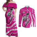 Sydney Sixers Couples Matching Off Shoulder Maxi Dress and Long Sleeve Button Shirt Aboriginal Dot Art Pink White - Tribal Wave Pattern