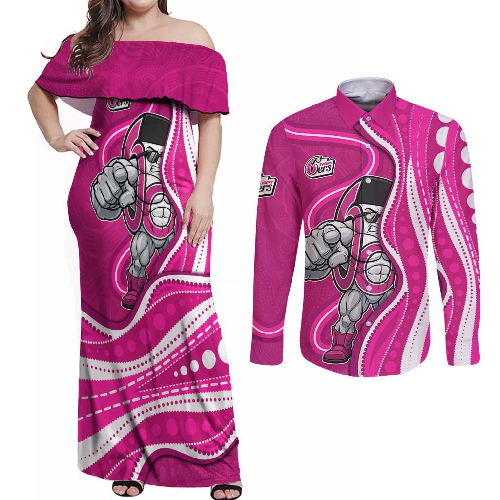 Sydney Sixers Couples Matching Off Shoulder Maxi Dress and Long Sleeve Button Shirt Aboriginal Dot Art Pink White - Tribal Wave Pattern
