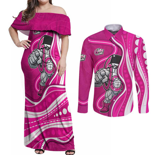 Sydney Sixers Couples Matching Off Shoulder Maxi Dress and Long Sleeve Button Shirt Aboriginal Dot Art Pink White - Tribal Wave Pattern