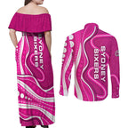 Sydney Sixers Couples Matching Off Shoulder Maxi Dress and Long Sleeve Button Shirt Aboriginal Dot Art Pink White - Tribal Wave Pattern