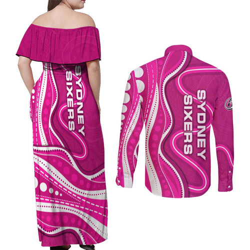 Sydney Sixers Couples Matching Off Shoulder Maxi Dress and Long Sleeve Button Shirt Aboriginal Dot Art Pink White - Tribal Wave Pattern