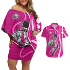 Sydney Sixers Couples Matching Off Shoulder Short Dress and Hawaiian Shirt Aboriginal Dot Art Pink White - Tribal Wave Pattern