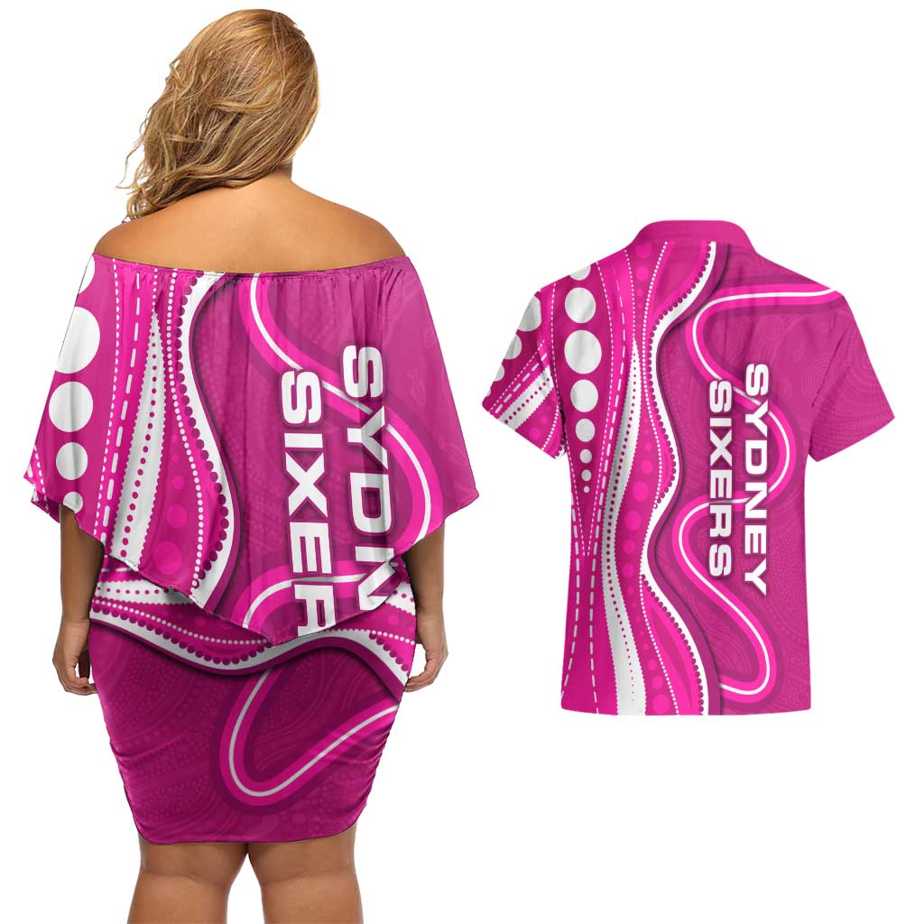 Sydney Sixers Couples Matching Off Shoulder Short Dress and Hawaiian Shirt Aboriginal Dot Art Pink White - Tribal Wave Pattern