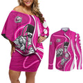 Sydney Sixers Couples Matching Off Shoulder Short Dress and Long Sleeve Button Shirt Aboriginal Dot Art Pink White - Tribal Wave Pattern