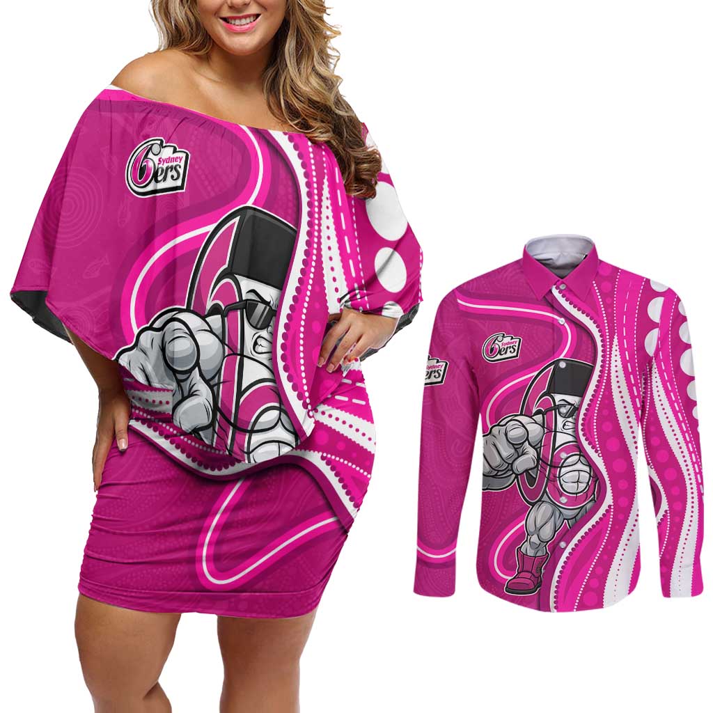 Sydney Sixers Couples Matching Off Shoulder Short Dress and Long Sleeve Button Shirt Aboriginal Dot Art Pink White - Tribal Wave Pattern