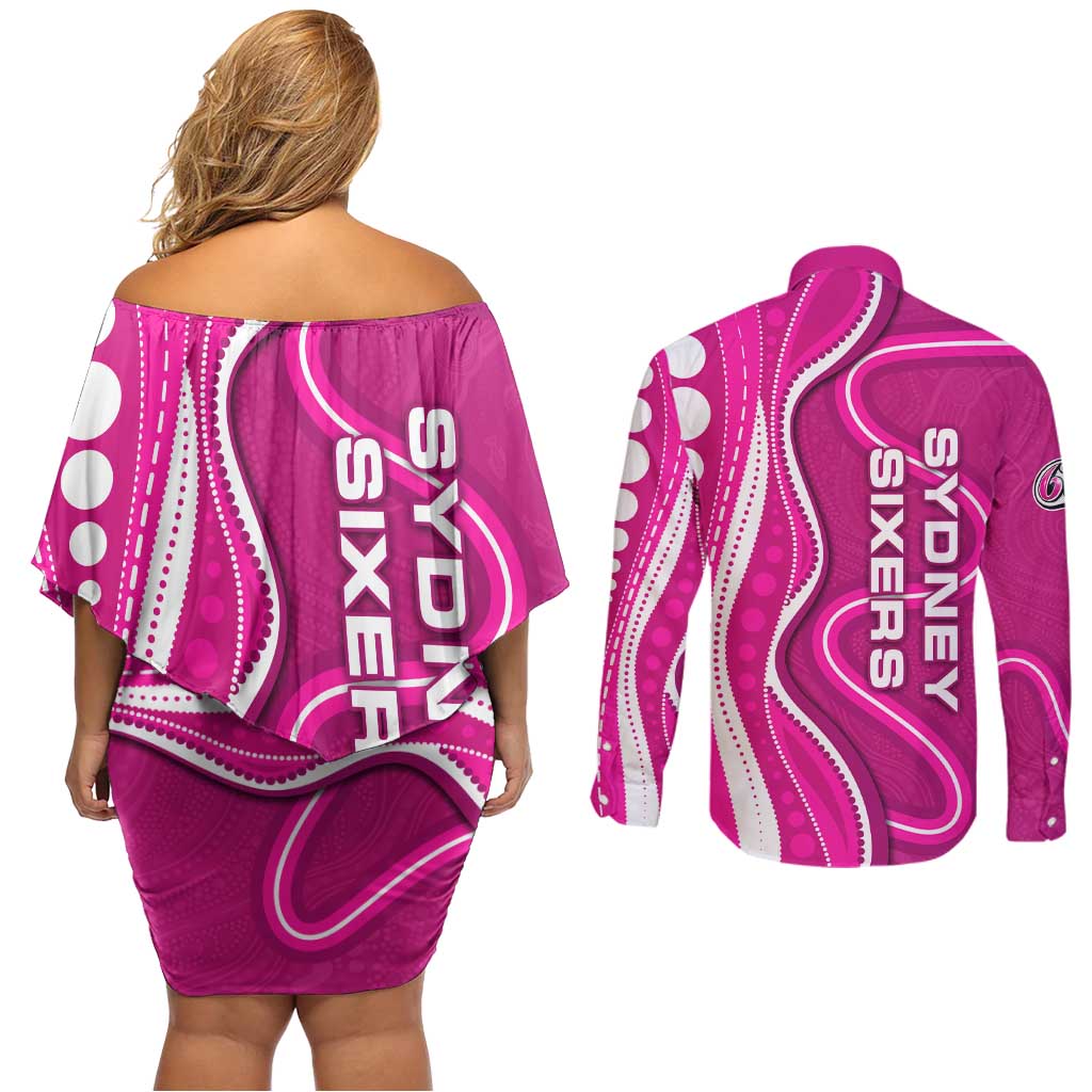 Sydney Sixers Couples Matching Off Shoulder Short Dress and Long Sleeve Button Shirt Aboriginal Dot Art Pink White - Tribal Wave Pattern