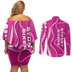 Sydney Sixers Couples Matching Off Shoulder Short Dress and Long Sleeve Button Shirt Aboriginal Dot Art Pink White - Tribal Wave Pattern