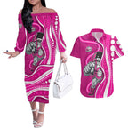 Sydney Sixers Couples Matching Off The Shoulder Long Sleeve Dress and Hawaiian Shirt Aboriginal Dot Art Pink White - Tribal Wave Pattern