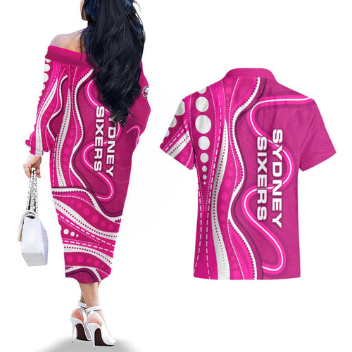 Sydney Sixers Couples Matching Off The Shoulder Long Sleeve Dress and Hawaiian Shirt Aboriginal Dot Art Pink White - Tribal Wave Pattern