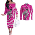 Sydney Sixers Couples Matching Off The Shoulder Long Sleeve Dress and Long Sleeve Button Shirt Aboriginal Dot Art Pink White - Tribal Wave Pattern