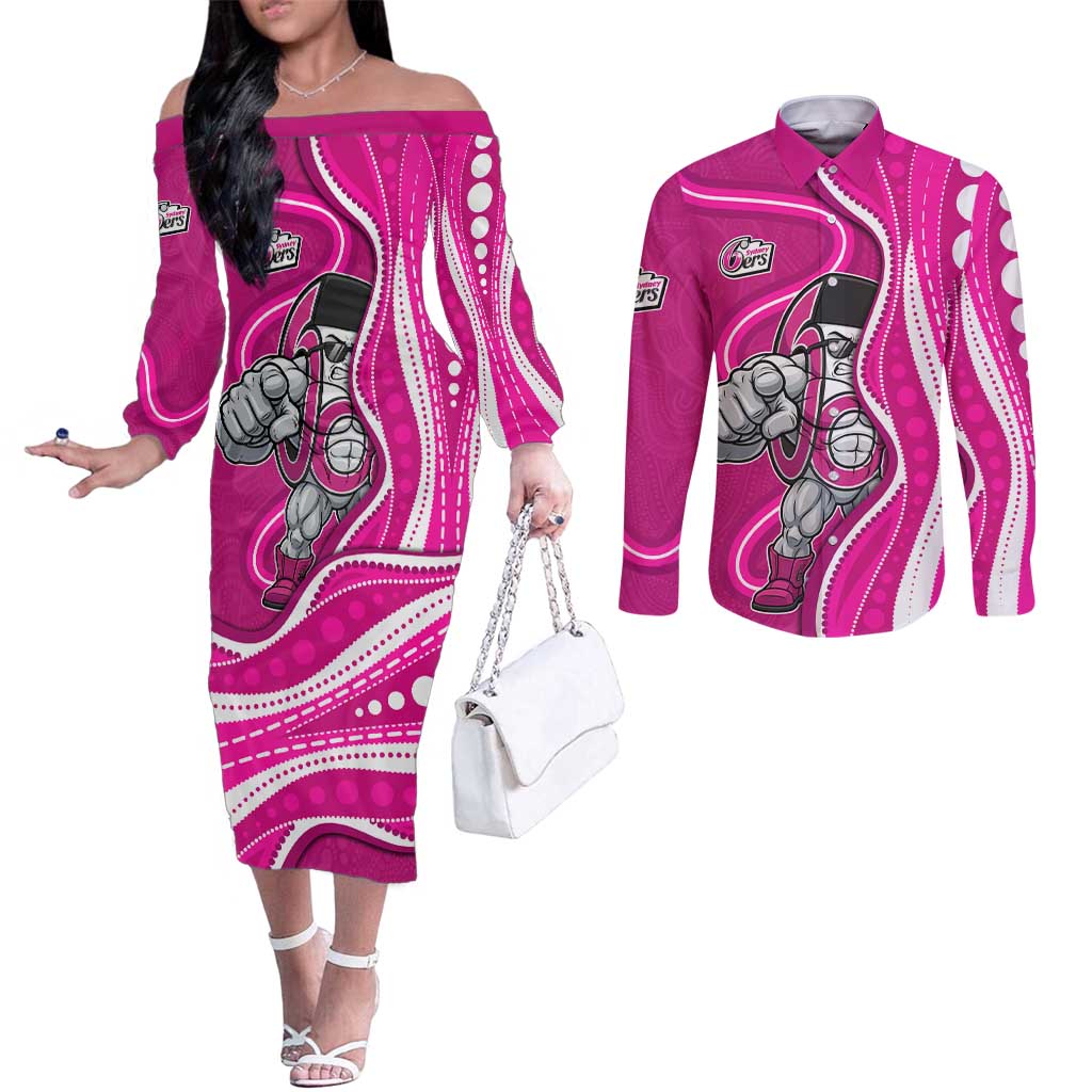 Sydney Sixers Couples Matching Off The Shoulder Long Sleeve Dress and Long Sleeve Button Shirt Aboriginal Dot Art Pink White - Tribal Wave Pattern