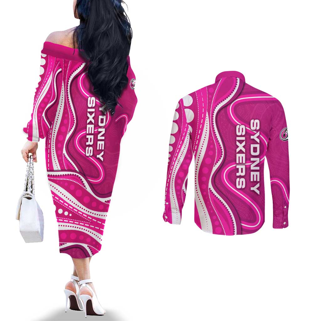 Sydney Sixers Couples Matching Off The Shoulder Long Sleeve Dress and Long Sleeve Button Shirt Aboriginal Dot Art Pink White - Tribal Wave Pattern