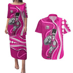 Sydney Sixers Couples Matching Puletasi and Hawaiian Shirt Aboriginal Dot Art Pink White - Tribal Wave Pattern