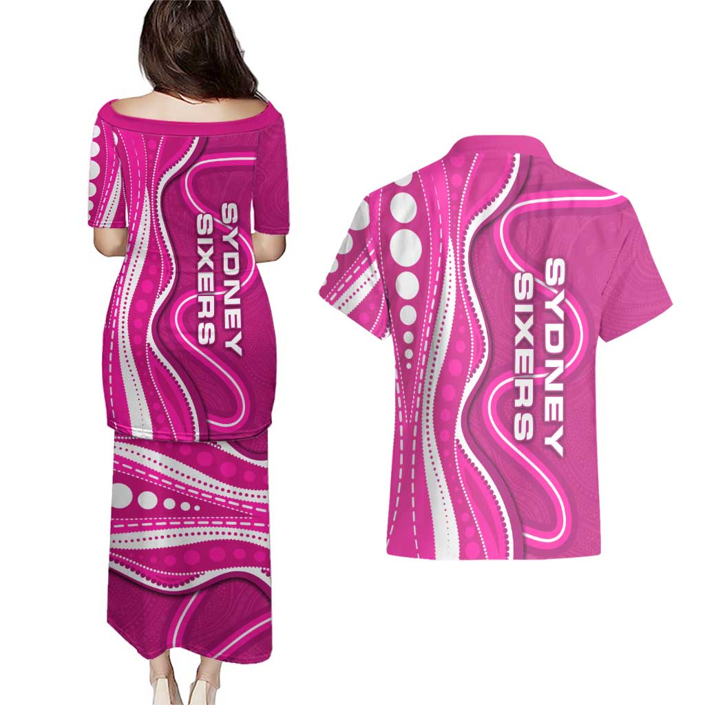Sydney Sixers Couples Matching Puletasi and Hawaiian Shirt Aboriginal Dot Art Pink White - Tribal Wave Pattern