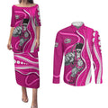 Sydney Sixers Couples Matching Puletasi and Long Sleeve Button Shirt Aboriginal Dot Art Pink White - Tribal Wave Pattern