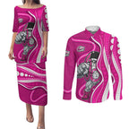 Sydney Sixers Couples Matching Puletasi and Long Sleeve Button Shirt Aboriginal Dot Art Pink White - Tribal Wave Pattern