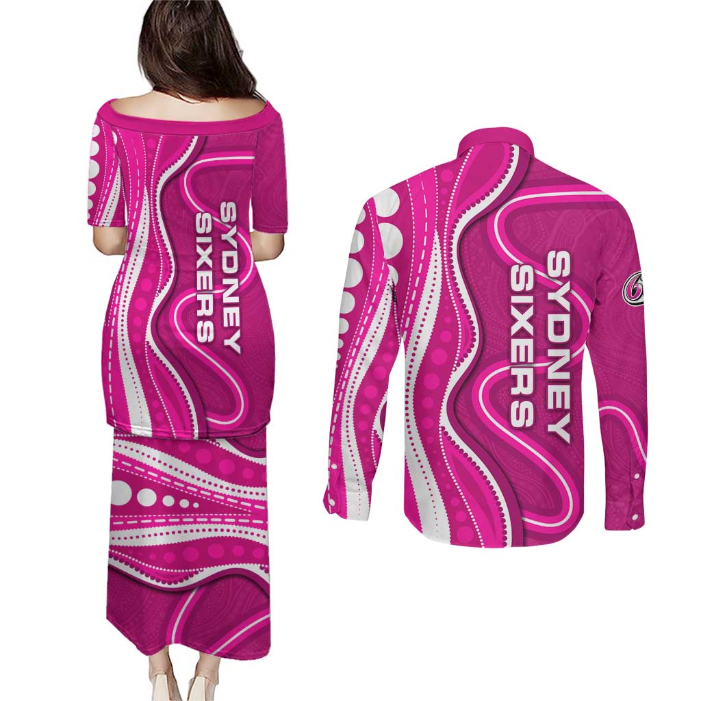 Sydney Sixers Couples Matching Puletasi and Long Sleeve Button Shirt Aboriginal Dot Art Pink White - Tribal Wave Pattern