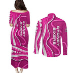 Sydney Sixers Couples Matching Puletasi and Long Sleeve Button Shirt Aboriginal Dot Art Pink White - Tribal Wave Pattern