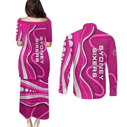 Sydney Sixers Couples Matching Puletasi and Long Sleeve Button Shirt Aboriginal Dot Art Pink White - Tribal Wave Pattern
