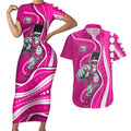 Sydney Sixers Couples Matching Short Sleeve Bodycon Dress and Hawaiian Shirt Aboriginal Dot Art Pink White - Tribal Wave Pattern