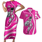 Sydney Sixers Couples Matching Short Sleeve Bodycon Dress and Hawaiian Shirt Aboriginal Dot Art Pink White - Tribal Wave Pattern