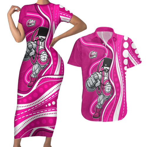 Sydney Sixers Couples Matching Short Sleeve Bodycon Dress and Hawaiian Shirt Aboriginal Dot Art Pink White - Tribal Wave Pattern