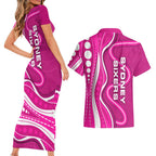 Sydney Sixers Couples Matching Short Sleeve Bodycon Dress and Hawaiian Shirt Aboriginal Dot Art Pink White - Tribal Wave Pattern