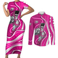 Sydney Sixers Couples Matching Short Sleeve Bodycon Dress and Long Sleeve Button Shirt Aboriginal Dot Art Pink White - Tribal Wave Pattern